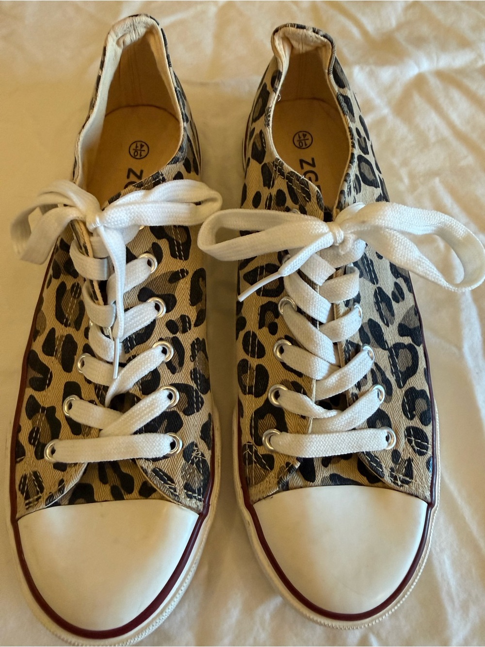 Leopard Print Canvas Lace-Up Sneakers - Beige/Black